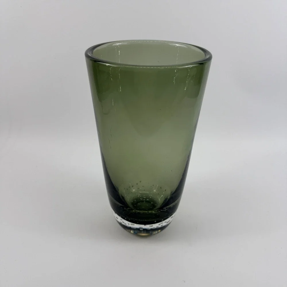 Attributed Carl Erickson Studio Art Glass Olive Green Bubble Cylinder Vase